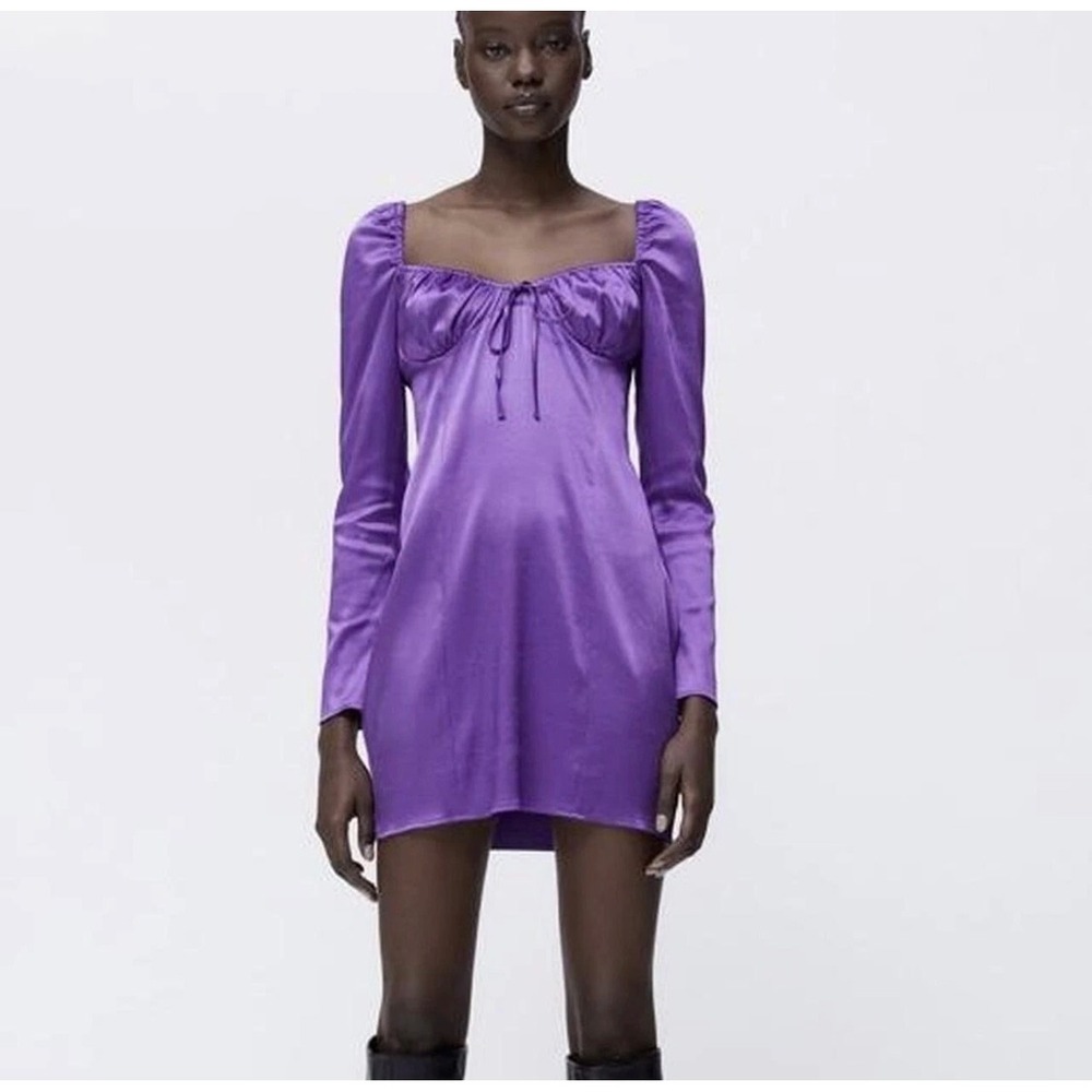 Zara Purple Satin Ruched Mini Dress Long Sleeve‎ Sweetheart Tie NWT Large